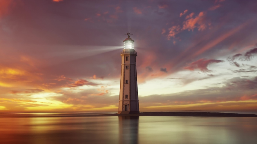 lighthouse at sunset with endless rotating light rays. 3d animation Royalty-Free Stock Footage #1088666965