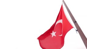Waving Turkish Flag. Turkish national days or holidays background video. Flag of Turkey isolated on white background.