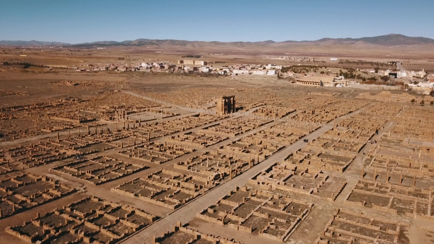4K Footage, Aerial view of the ruins of ancient Timgad, Algeria	