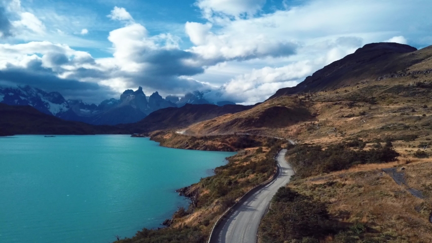 Beautiful aerial panorama of Torres del Paine Park in Chile
