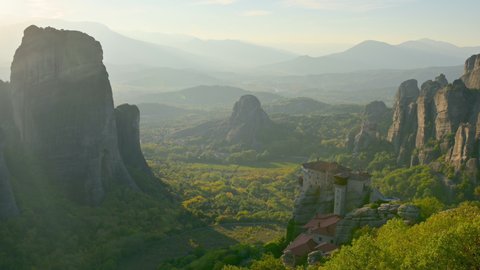 Famous Greece Meteora monasteries in rocks view of cliffs Greece, Europe. landscape place of monasteries on the rock. UNESCO World Heritage. Travel. Tourism.