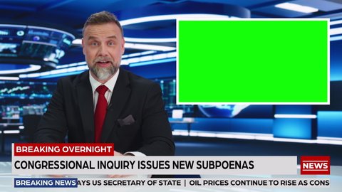 TV Studio Live News Program: Professional Male Presenter Reporting, Green Screen Chroma Key Screen Picture. Television Cable Channel Anchor Host Talk. Network Broadcast Mock-up Playback. Static Shot