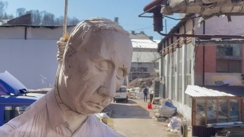 A doll as the hanged Vladimir Putin near one of Lviv volunteer centers western Ukraine on March 28, 2022.