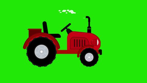 Animation of a red tractor. Cartoon tractor moving on the green screen background. Agricultural machinery. Flat design of farm car. Alpha channel. 4K.