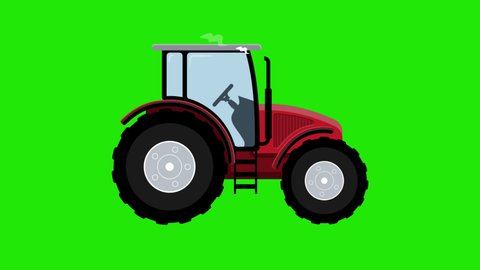 Animation of a red tractor. Cartoon tractor moving on the green screen background. Farm vehicle rides on road. Agricultural machinery. Flat design of farm car. Alpha channel. 4K.