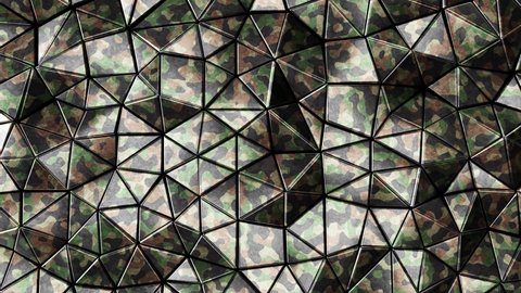 Realistic looping abstract 3D animation of the moving grimy camouflage khaki metallic triangles pattern rendered in UHD as motion background