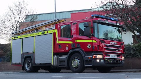  Norwich, Norfolk, United Kingdom. December 9, 2018. Norfolk Fire and Rescue Service Scania fire engine from Carrow Fire Station TK MAX, parked in Westwick Street.