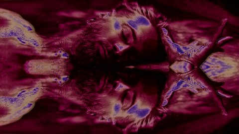 psychedelic amazing shot in neon lights with bearded man in water, kaleidoscopic and abstract