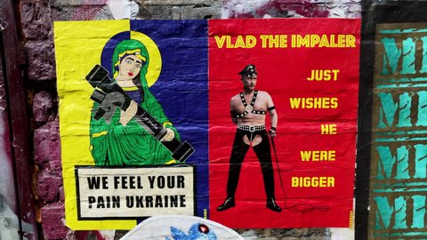 London, UK, March 28th 2022: Satirical street art posters, Ukraine anti war protest. By artist Subdude, found in Fashion St, East end of London. Stop Putin, Russian invasion. 