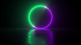 Circle green purple neon light. Futuristic Sci fi abstract colorful circle background with reflections. LED ellipse. Shimmer motion glow portal. Podium for product display. 3d animation loop 4K - Powered by Shutterstock - Get 15% off with code: PIKWIZARD15