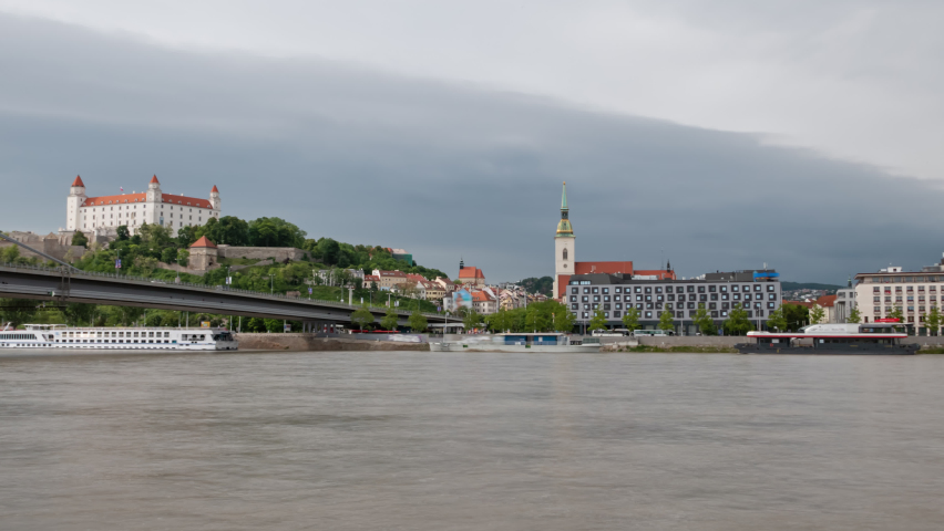 Bratislava old town and SNP bridge hyper lapse. Slovakia.