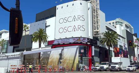 LOS ANGELES, CALIFORNIA, USA - MARCH 22, 2022: Dolby Theater prior to Oscar Academy Award Nomination at Hollywood and Highland in Los Angeles, California 4K