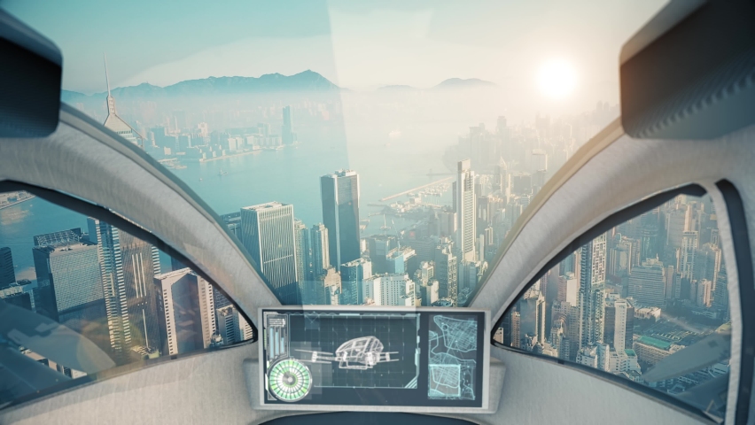 Two autopilot taxi drones flying above big city center at the sunrise. POV cockpit view at Hong Kong city and flying taxi.  | Shutterstock HD Video #1088684061