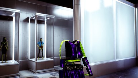 3D fashion show. Meta model, virtual avatar, walking by the podum. Trendy fashion pret-a-porte. High quality FullHD footage