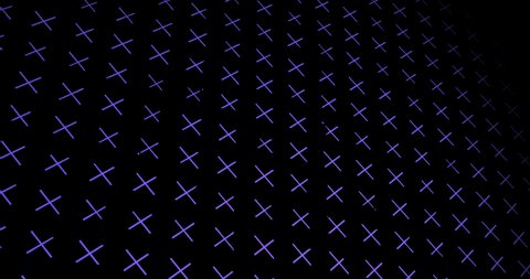 A wall consisting of crosses of low density at an angle on a dark background, the crosses of which are animated in a looped way increase and decrease