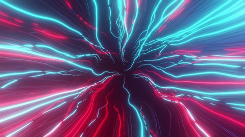 Red and blue neon lightning loop 3d animation. Retrowave vj background footage of infinite tunnel