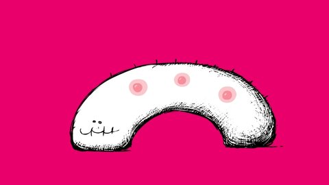 Big cartoon worm caterpillar animation loop. Cute character animal. White body and pink drops. He is a baby of an insect - maybe butterfly. Seamless loop and luma matte.