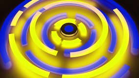 Abstract yellow and blue spinning detail of a machine, seamless loop. Design. Spinning part of a mechanism.
