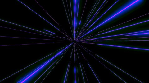 Slow space tunnel with neon lines. Design. Galactic tunnel with long shimmering lines. Spatial new lines are flashing in tunnel on black background