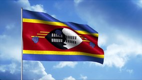 Flag waving in cloudy sky. Motion. Beautiful 3D animation of moving flag on flagpole. Eswatini flag is flying on background of blue sky