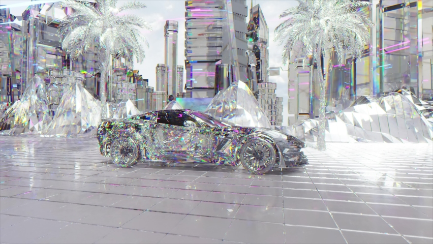 Futuristic concept. The diamond sports car drives through the diamond city. Road. Travel. 3d animation of seamless loop Royalty-Free Stock Footage #1088688039