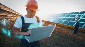 Engineer or construction worker asian man uses laptop to check solar panel system status. Cell power plant. Augmented reality concept. Futuristic technology - Powered by Shutterstock - Get 15% off with code: PIKWIZARD15