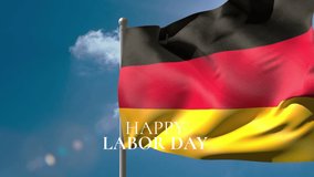 Animation of happy labor day text over flag of germany and clouds. labor day and celebration concept digitally generated video.