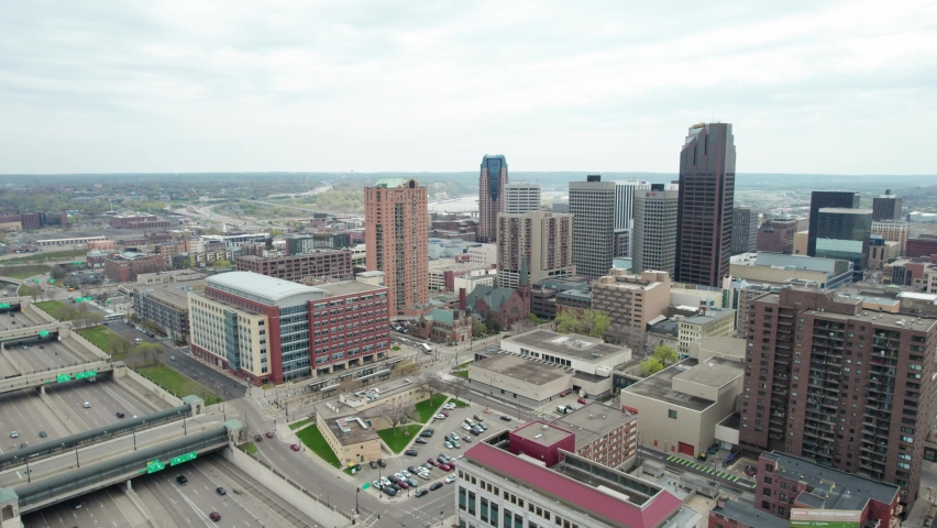 Drone aerial view of downtown St. Paul, MN on a cloudy summer day