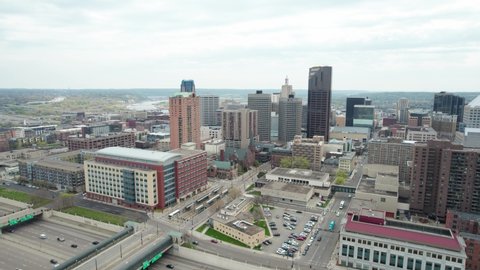 Drone aerial view of downtown St. Paul, MN on a cloudy summer day