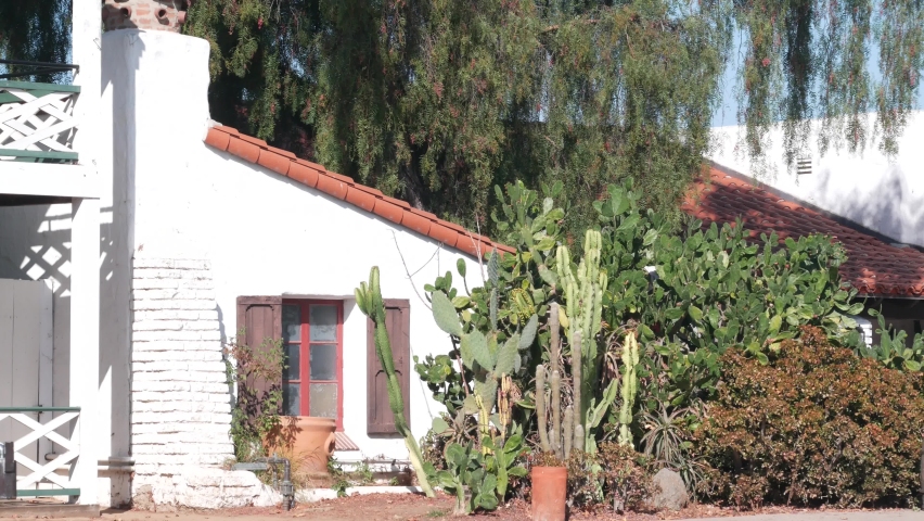 White wall of mexican old village house, wooden window with shutters, garden from succulent plants and tall cactus. Suburban countryside rural exterior, rustic provincial ranch, homestead architecture