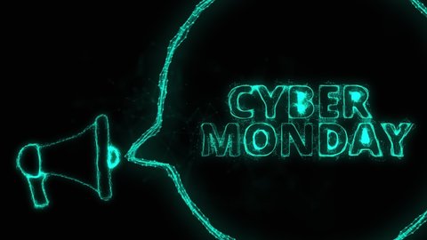 Megaphone banner with speech bubble and text cyber monday. Plexus style of green glowing dots and lines