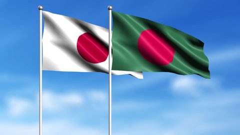 Bangladesh, Japan, 3d flags of Bangladesh and Japan waving in the wind on sky background.