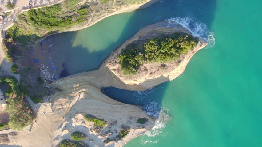 Corfu island Greece, aerial view of famous Canal d'Amour beach in Corfu, tourism on Greek islands, nature of Greece, romantic holiday destination. High quality 4k footage