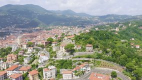 Inscription on video. La Spezia, Italy. Hill del Poggio. View of the city. Lightning strikes the letters, Aerial View