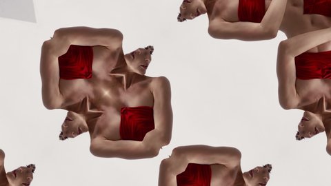 amazing kaleidoscopic shot with stunning dancing woman in white background, mysterious hypnotic shot