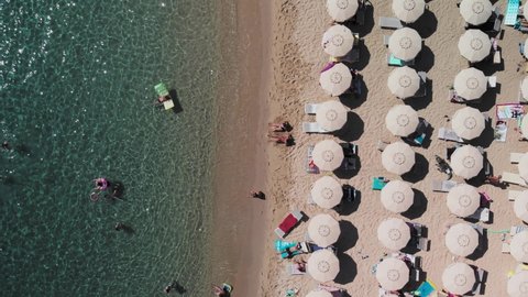 Amazing overhead aerial view of Cavoli Beach, Elba Island in summer season, Italy