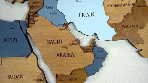 Increase wooden map from Middle East, Iran, Saudi Arabia and Persian Gulf. 
