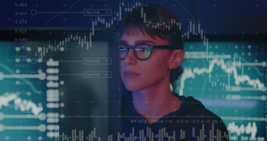 Female Trading on Stock Market Analysing Data using Computer Technology Royalty-Free Stock Footage #1088700503