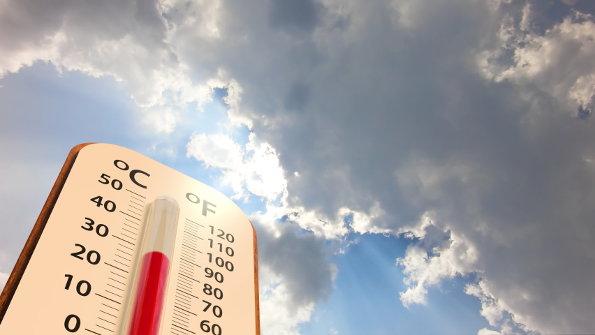 Climate change, low angle view Thermometer on blue sky with sun shining in summer show increase temperature, concept global warming | Shutterstock HD Video #1088701991