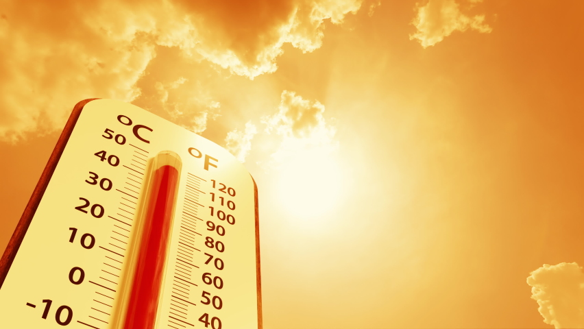 Climate change, low angle view Thermometer on blue sky with sun shining in summer show increase temperature, concept global warming | Shutterstock HD Video #1088701991