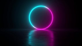 Circle blue pink neon light. Futuristic Sci fi abstract colorful circle background with reflections. LED ellipse. Shimmer motion glow portal. Podium for product display. 3d animation loop 4K - Powered by Shutterstock - Get 15% off with code: PIKWIZARD15