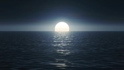 3D animation - Full moon over the ocean at night 
