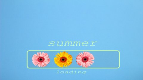 Loading bar icon in progress with pink and yellow flowers on a blue background. Flowers with the word SUMMER LOADING in loading bar progress. Concept loading. 4K Stop motion minimal animation design. 