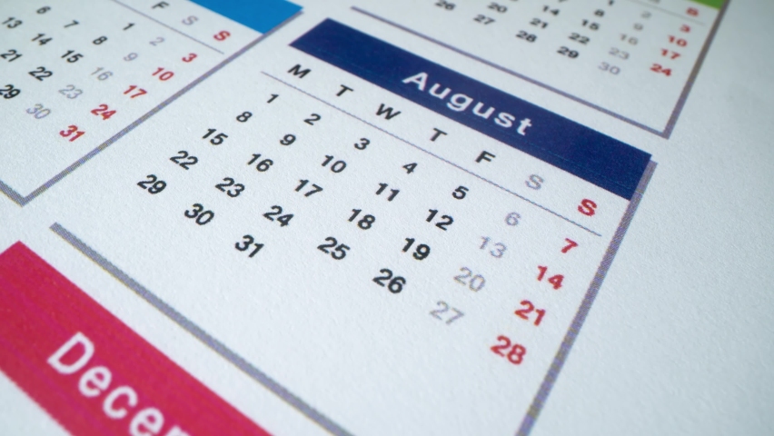2022 Calendar. August of New Year. Business and holidays days. Macro shot. Vacations Royalty-Free Stock Footage #1088705263