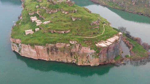 aerial rumkale view of canyon old fortress touristic
