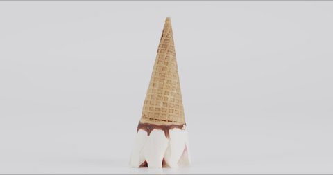Time lapse melting ice cream cone on white background.