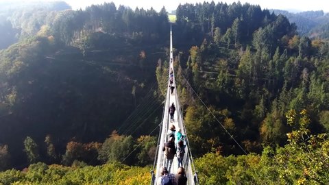 Video from a drone flying over a suspended wooden bridge with steel ropes over a dense forest in West Germany, visible tourists walking on the bridge.