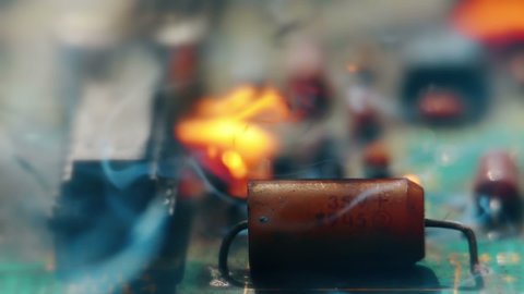 Computer board burning. The capacitor has failed. Short circuit footage.