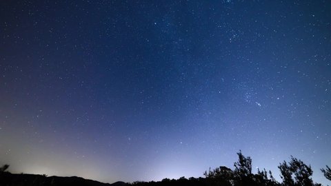 Time lapse of star trails, night sky in the Tuscan country, Italy. 4K. Backlight landscape with stars movement