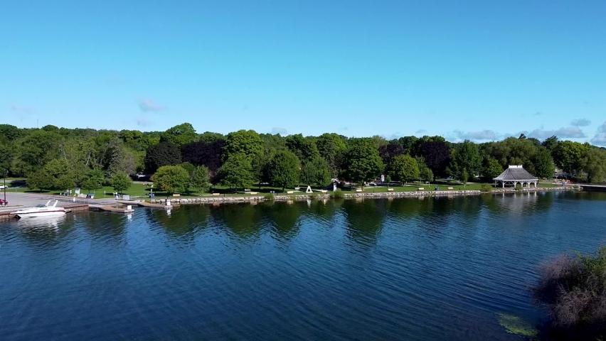 Lake Waterfront marina boat dock. In rural Ontario, Canada on summer day